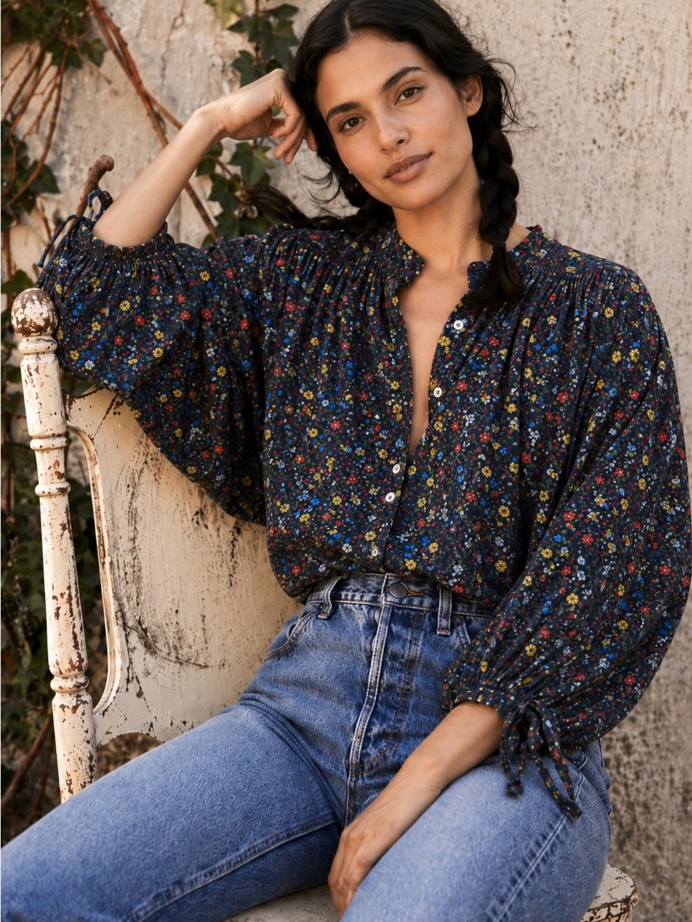 Doen O’Keefe Blouse Black and Wildflower Floral Smocked-Yoke Peasant Blouse S